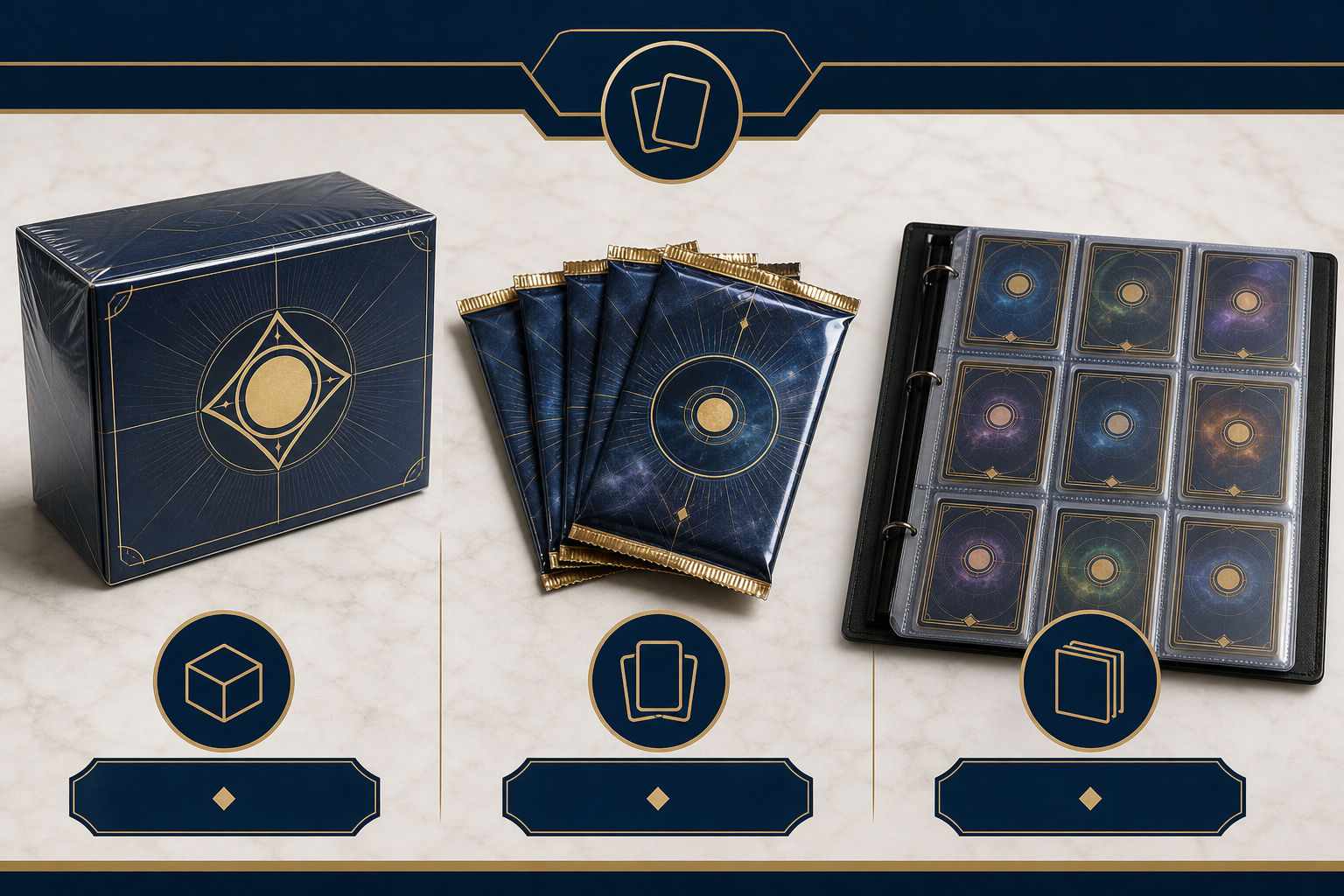 Comparativa visual de opciones para empezar en TCG: caja, sobres y cartas sueltas